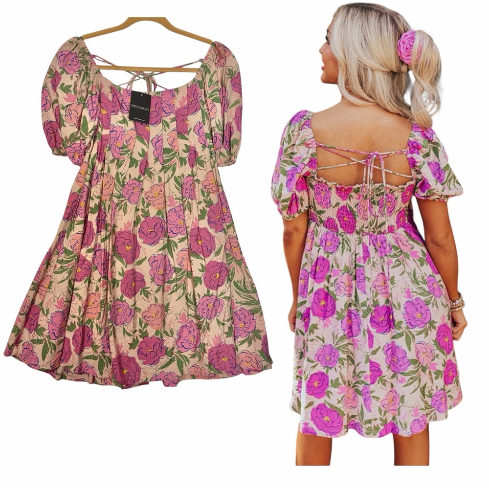 Impressions Floral Puff-Sleeve Sundress in Pink and Green